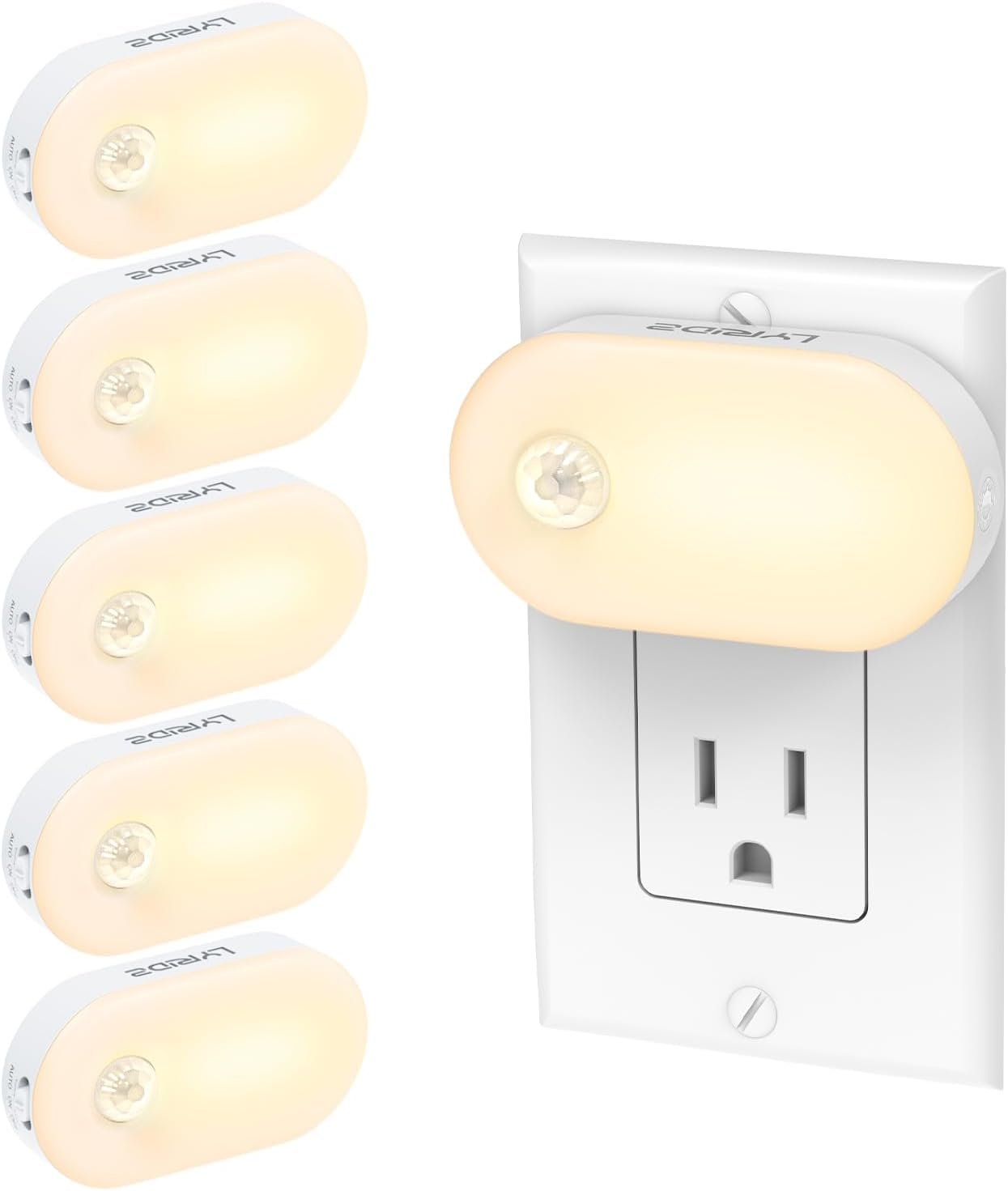 Lyridz 120LM Ultra Bright Plug-in Motion Sensor Night Light, Stepless Dimmable LED Nightlight, Always-On and Auto-Off, for Hallway, Stairs, Bathroom, Bedroom, Garage, Warm White (6-Pack)
