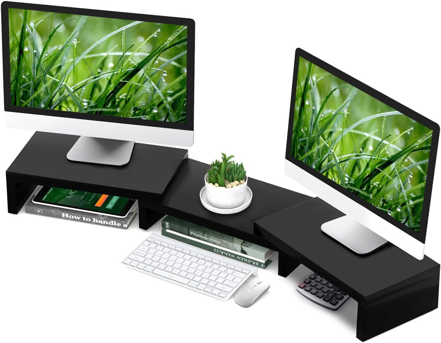 TAVR Dual Monitor Stand Riser Office Desktop Organizer Stand for 2 Monitors, Adjustable Length and Angle 3 Shelf, Extra Long Multifunctional Wooden Stand up to 43.3″ fit Computer, Laptop, TV, Black