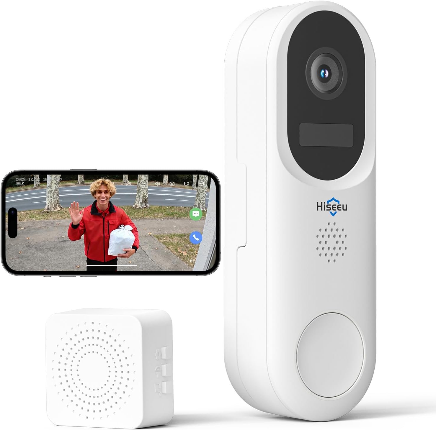 Hiseeu Doorbell Camera Wireless,Live View with Two-Way Talk,2K HD,Night Vision, 150° Wide View,Smart Human Detection,IP65 Waterproof,2.4G & 5GHz WiFi,Works with Alexa（No SD Slot ，Paid Cloud Storage）