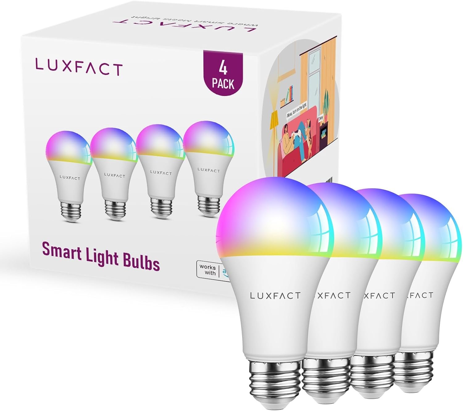 Alexa Light Bulbs 130W Equivalent, Smart Light Bulbs Directly Works with Alexa, RGBCW Color Changing light bulb, 90+CRI, A19 E26 Bluetooth Light Bulb, No WiFi Required, 12W 1300LM, 4 Pack