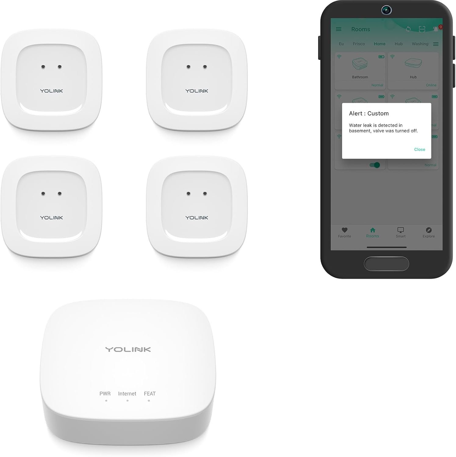 YoLink Smart Home Leak Detection Starter Kit – Hub + 4 Water Leak Sensors (0 dB), LoRa Long-Range, Alexa & IFTTT Compatible, Instant App/SMS/Email Alerts, Up to 5-Year Battery