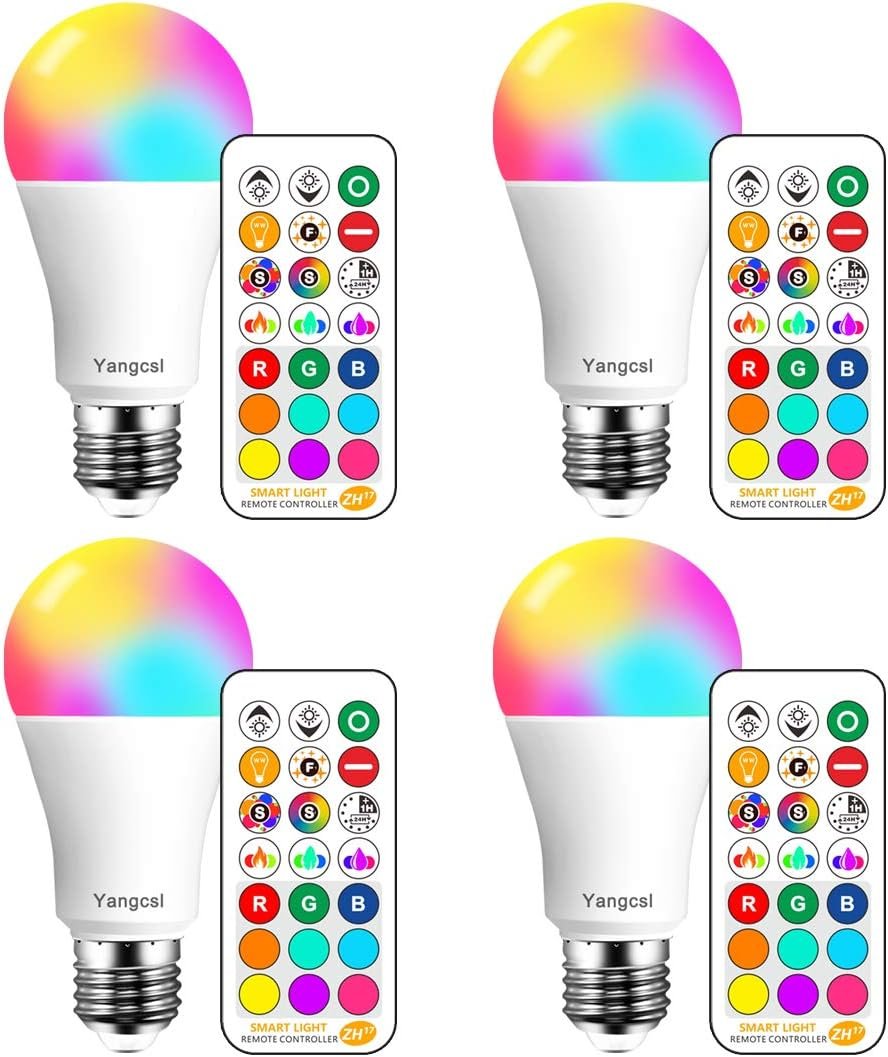 Yangcsl LED Light Bulbs 85W Equivalent 1200lm, RGB Color Changing Light Bulb, 6 Moods – Memory – Sync – Dimmable, A19 E26 Screw Base, Timing Remote Control Included (Pack of 4)