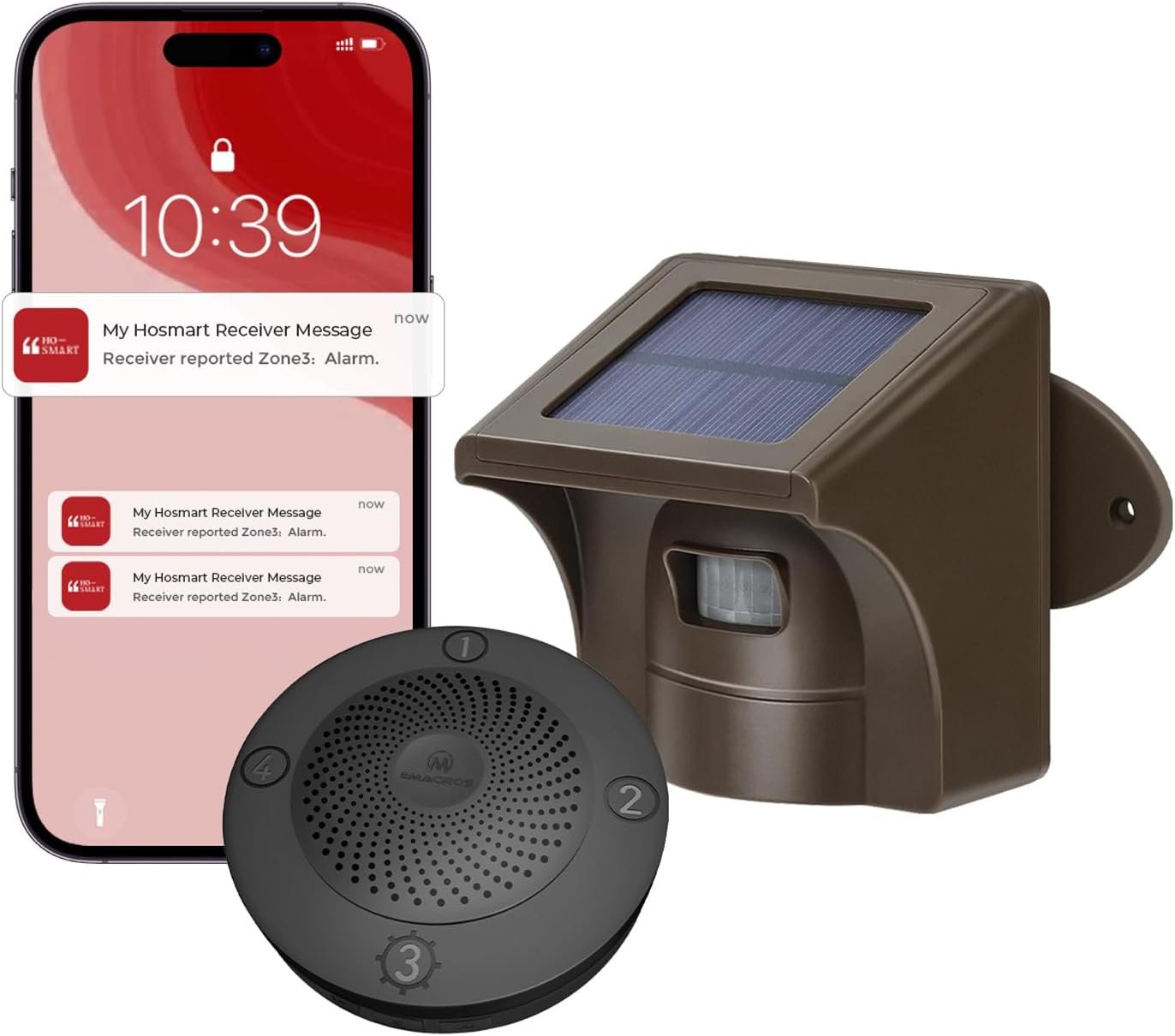eMACROS Pro 3 Smart Solar Driveway Alarm System (2.4G Wi-Fi), App Push Notifications, 1/2 Mile (2600 ft) Wireless Range Motion Sensor & Plug-in Receiver, Weatherproof Property Alert (No Camera)