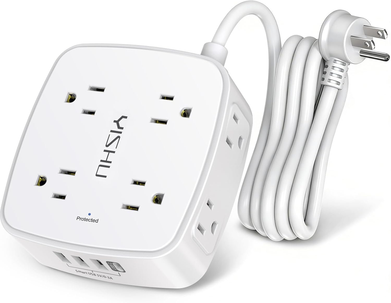 6 Ft Surge Protector Power Strip – 8 Widely Outlets with 4 USB Ports, 3 Side Outlet Extender with 6 Feet Extension Cord, Flat Plug, Wall Mount, Desk USB Charging Station, ETL,White