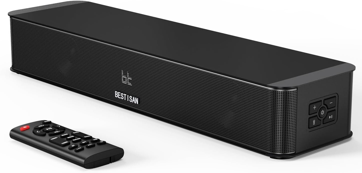 BESTISAN 2.1ch Sound Bar with Built-in Subwoofer, 100W Peak Power, HDMI ARC/Opt/AUX/USB/Bluetooth 5.3, 3 EQ Modes & Volume Boost, 16.5″ All-in-One for TV/PC/Gaming/Projector