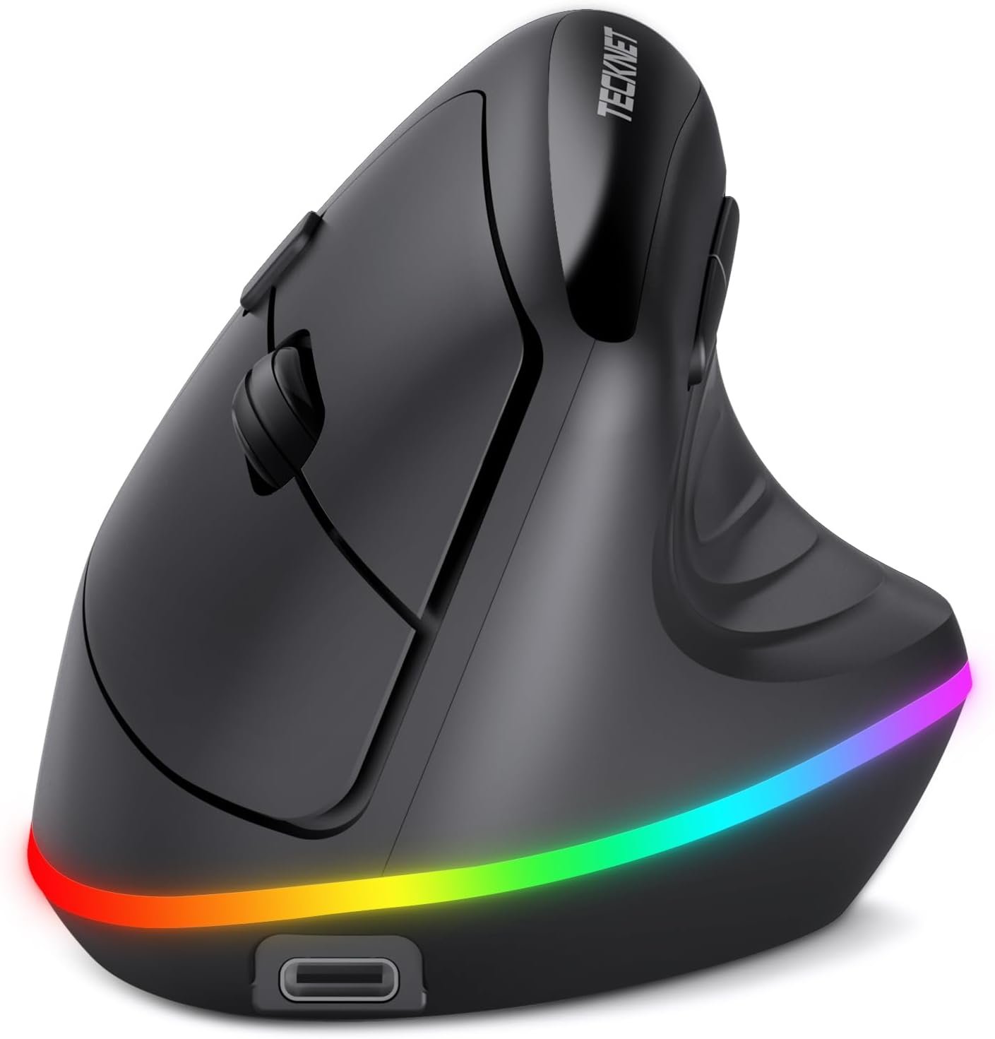 TECKNET RGB Rechargeable Wireless Ergonomic Mouse – USB+Bluetooth Multi-Device LED Vertical Mouse with 11 RGB Backlight Modes, 4800 DPI Adjustable, Ergo Mice for Windows and Mac, Black