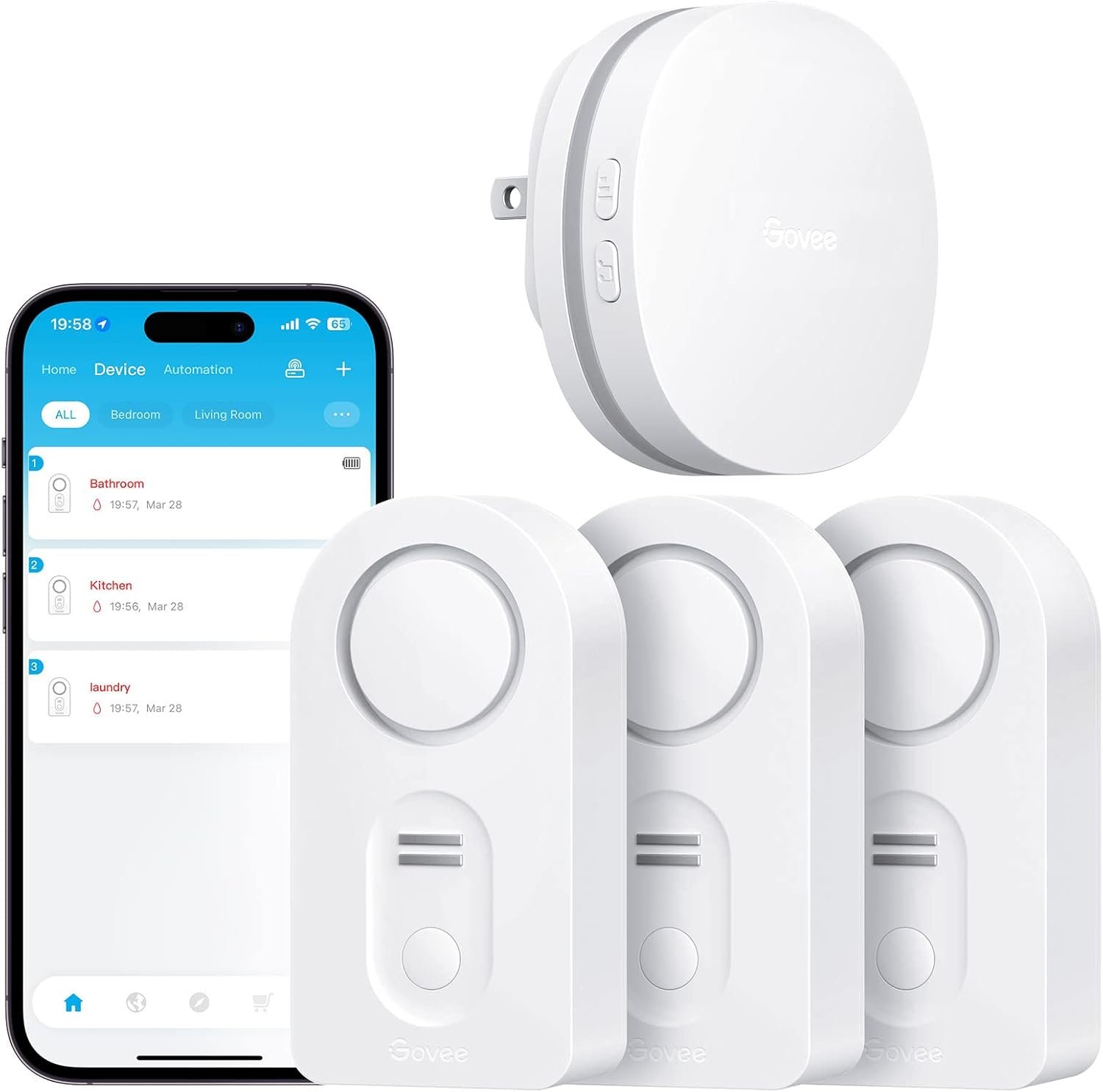 Govee WiFi Water Leak Detector 3 Packs, Leak Alert with Remotely Email/APP Push and Sound Alarm, Smart Water Sensor with 100dB Adjustable Alarm, Suit for Home and Basement