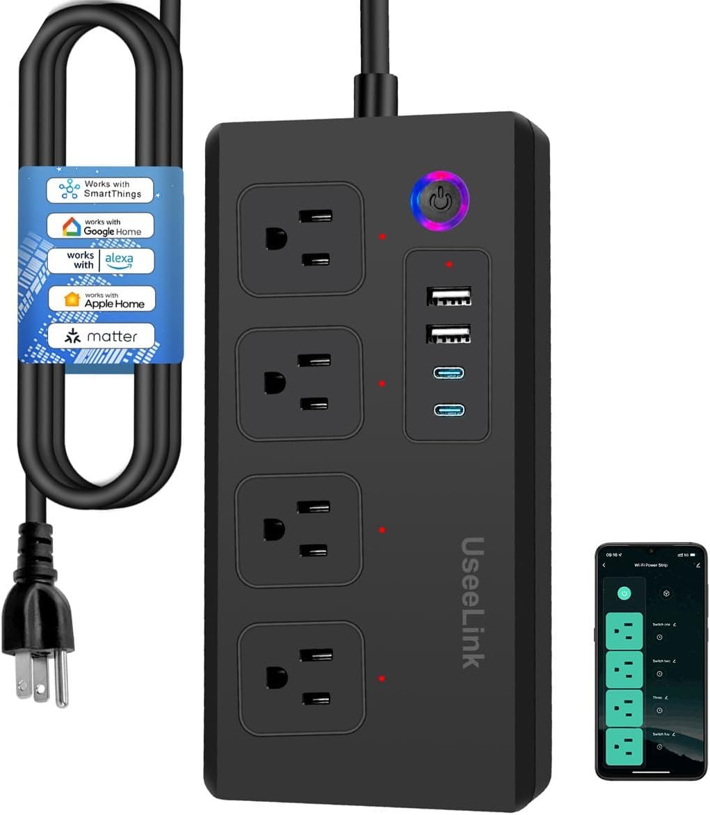 UseeLink Matter Smart Power Strip Compatible with Apple HomeKit, Siri, Alexa, Google Home and SmartThiiings, WiFi Surge Protector with 5ft Extension Cord, Voice and Remote Control