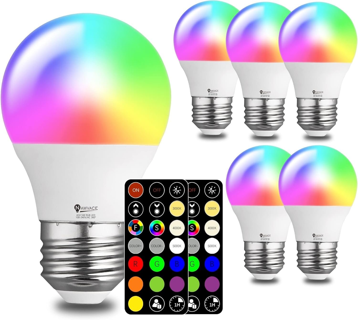 RGB Color Changing Light Bulb with Remote Control, 5W 40W Colored Light, 30 Color RGB for Bedroom, Living Room, 6-Pack