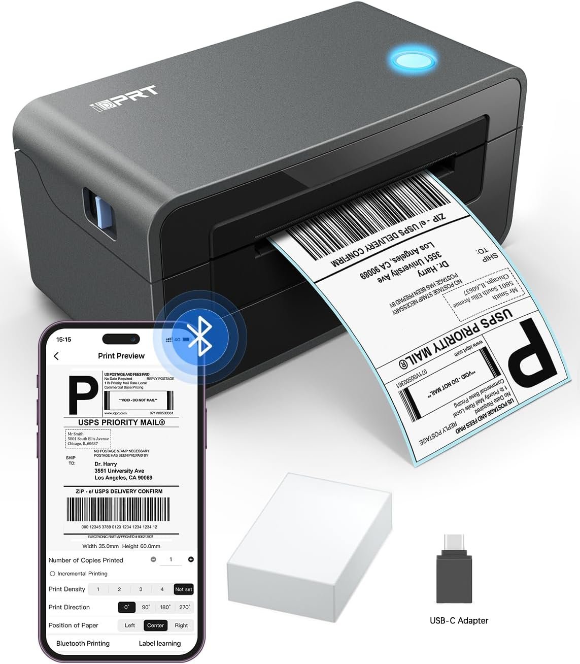 iDPRT Bluetooth Thermal Shipping Label Printer for Phone, 4×6, Supports Windows/Mac/iOS/Android, Ideal for Small Business and Shipping Packages