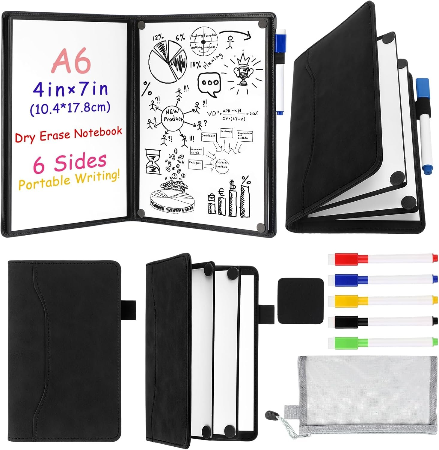 Feifeiya 6 Sides Dry Erase Notebook Portable Whiteboards Notepad 5″x7″(a6) Small Reusable Board Foldable Anti-ghosting Surface, Travel Dry Erase White Board for Office Study Meeting Planning