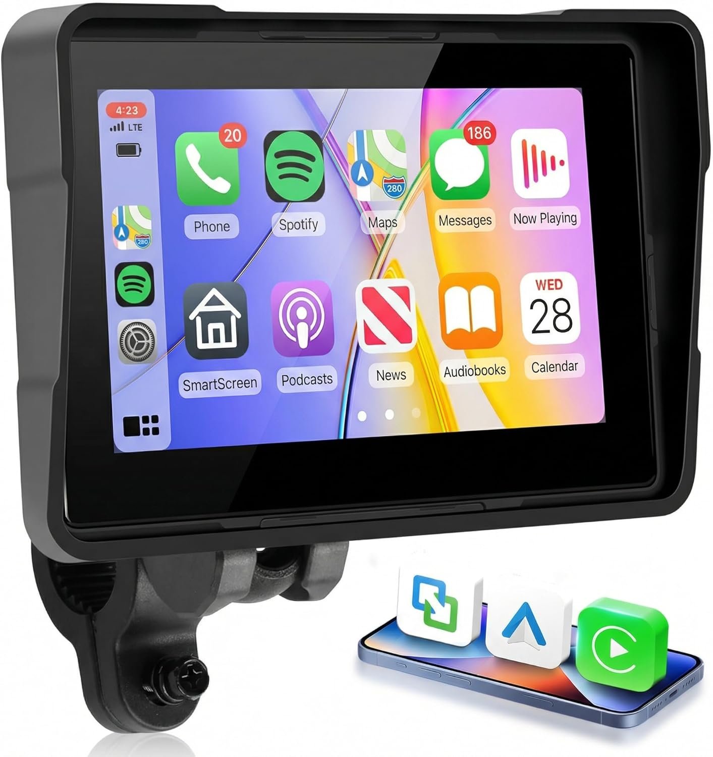 5 Inch Motorcycle Wireless CarPlay GPS Navigation System, Android Auto Portable CarPlay Screen for Motorcycle, Dual Bluetooth Car Play Moto, Si-ri, Goo-gle Assistant, IP67 Waterproof Moto Screen