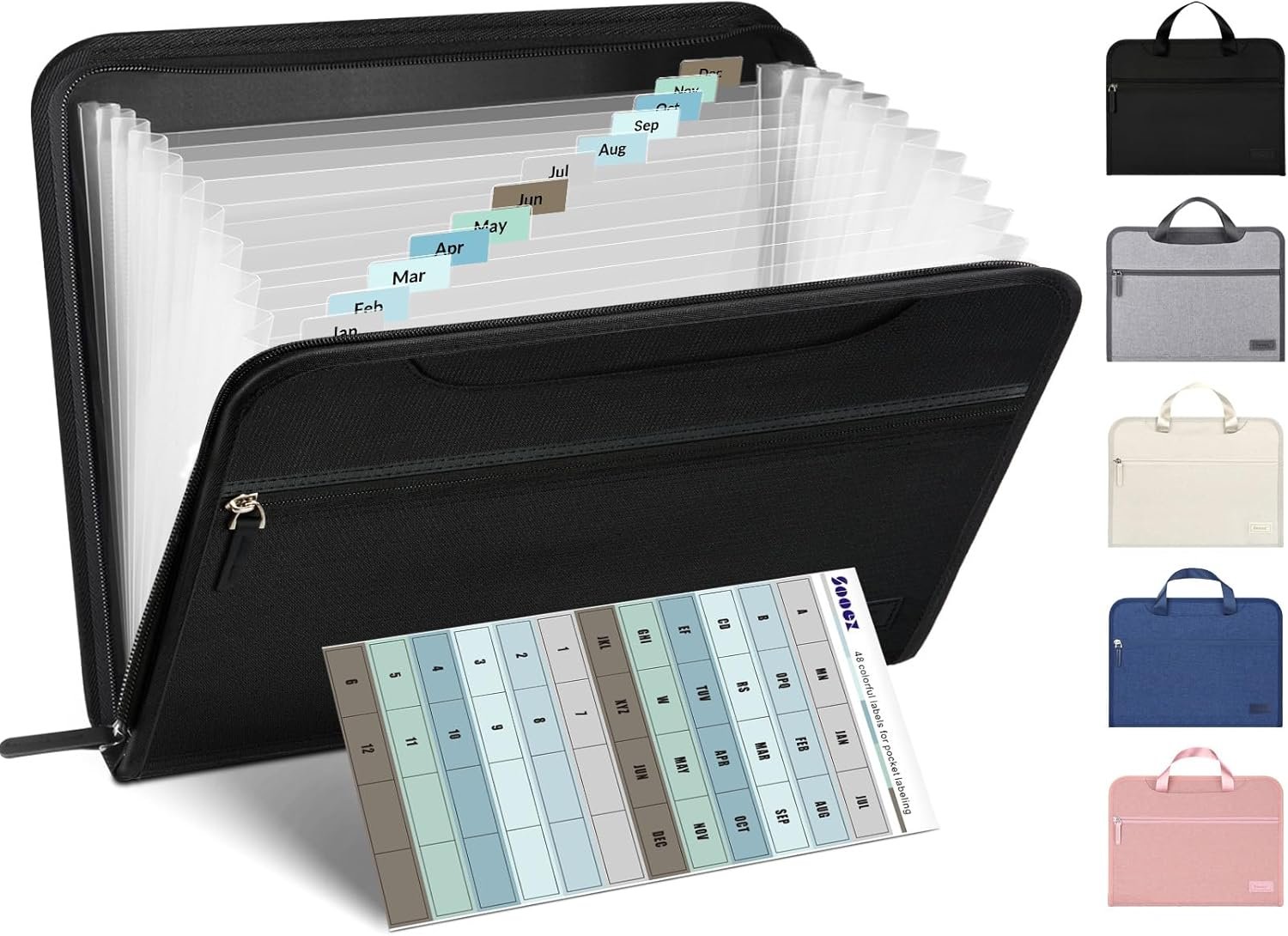 Sooez Heavy Duty Accordion File Organizer with Hidden Handle, Portable 12 Pockets Expanding File Folders, Cloth Monthly Bills Receipt Organizer for Letter/A4, School Classroom Home & Office Supplies