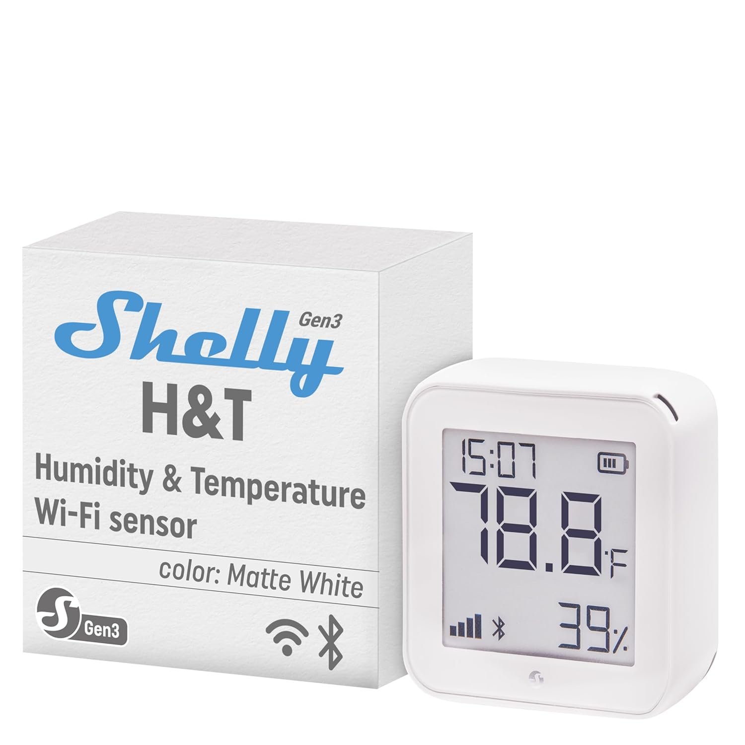 Shelly H&T Gen3 White | Wi-Fi & Bluetooth Smart Temperature & Humidity Sensor with Remote App Control | Smart Scenes | LCD Display
