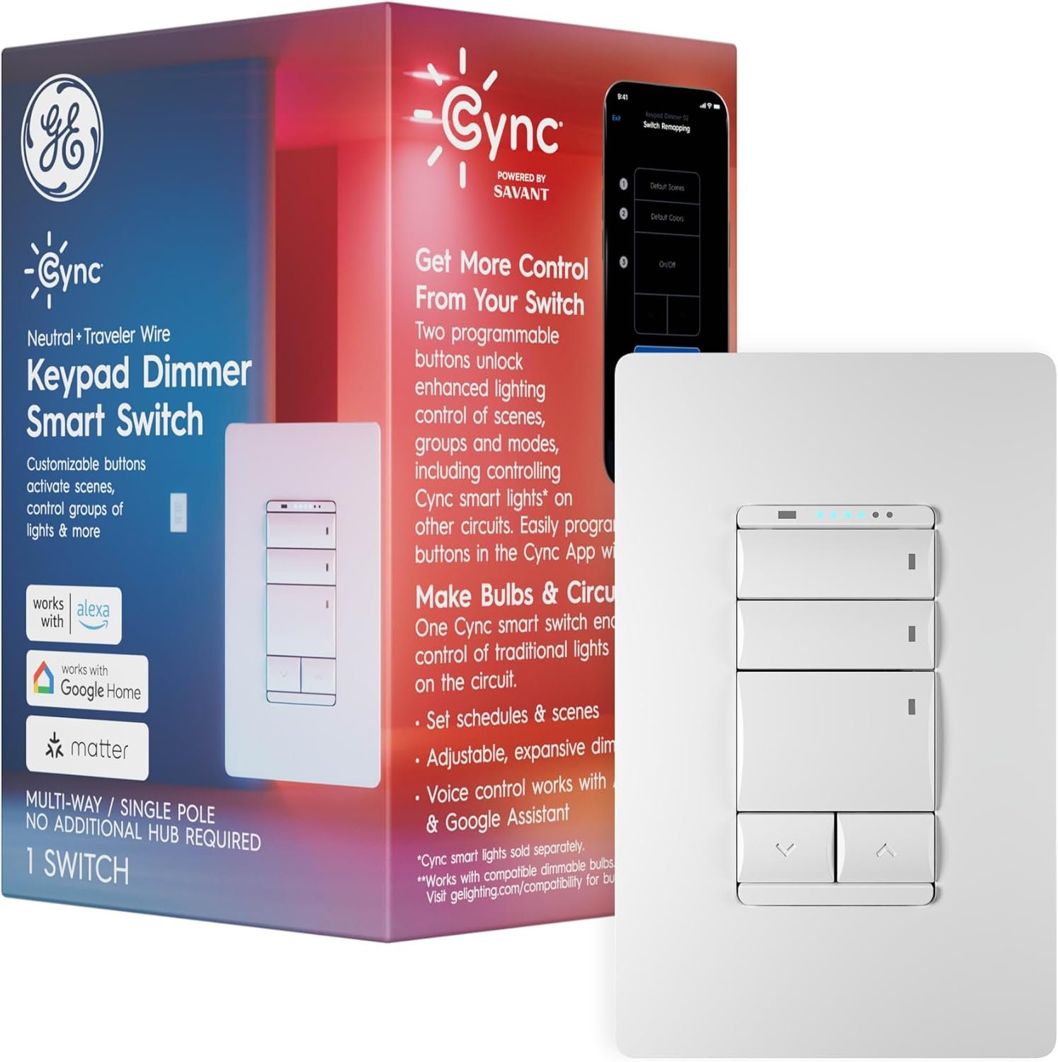 GE Cync Keypad Dimmer Smart Switch, Highly Customizable Dimmer Switch, Compatible with Alexa and Google Home, Matter Compatible, Easy to Install Smart Light Switch (1 Pack)​