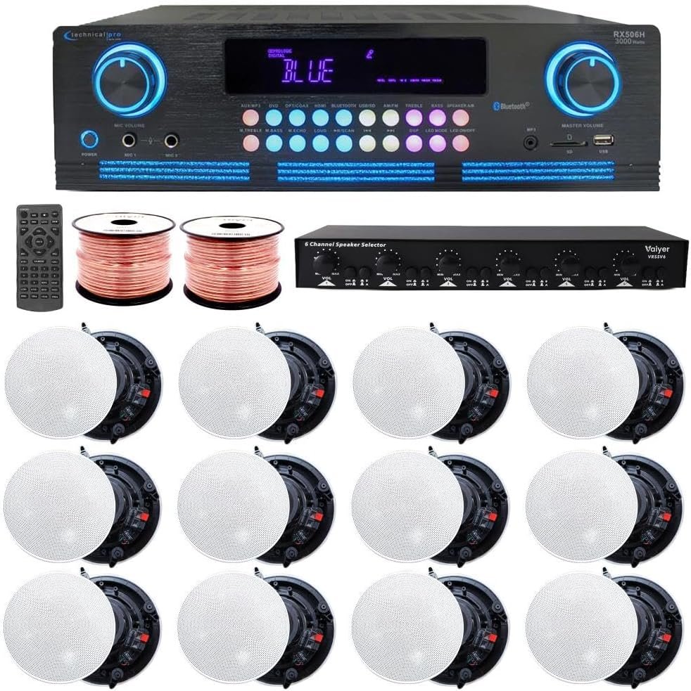 Vaiyer Home Audio Sound System Kit – 2000 W Bluetooth Amplifier w/ 12 Qty of 5.25″ Frameless Ceiling Speakers 175 W Each, 6-Ch Speaker Selector w/Volume Control, 500 ft Speaker Wire & Remote