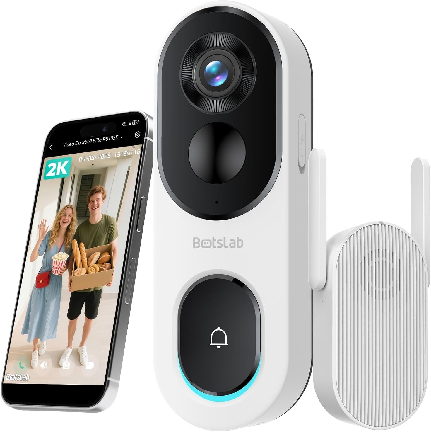 BOTSLAB 2K Doorbell Camera Wireless with Head-to-Toe View, No Monthly Fee, Video Doorbell with 2-Way Audio, Human Detection, 5200mAh Battery, 2.4Ghz WiFi