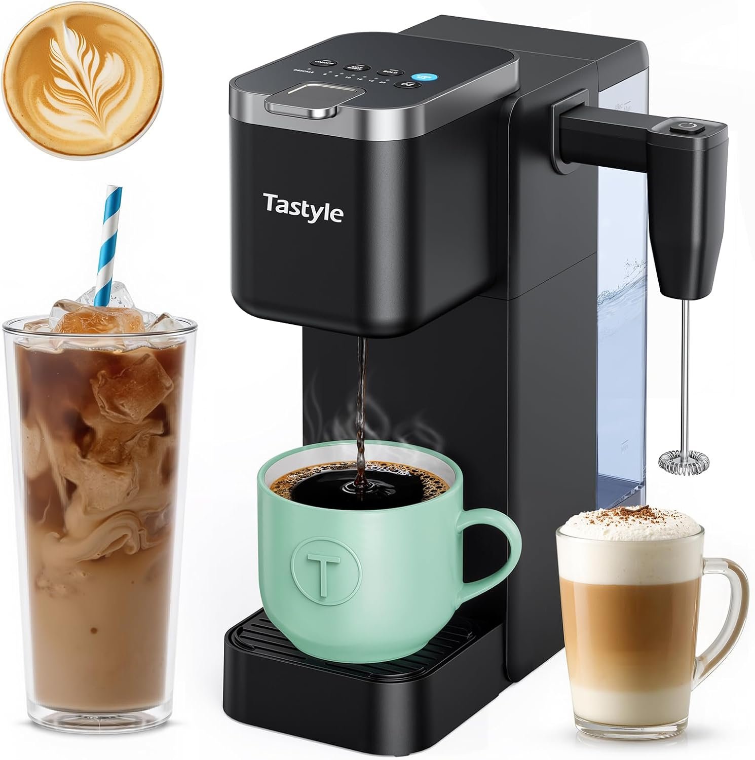 Tastyle Single Serve Coffee Maker with Built-in Detachable Milk Frother, Iced and Hot Coffee Machine for K Cup & Grounds, 40oz Removable Water Reservoir, 6 Cup Sizes, Fits 7.3″ Travel Mug, Black