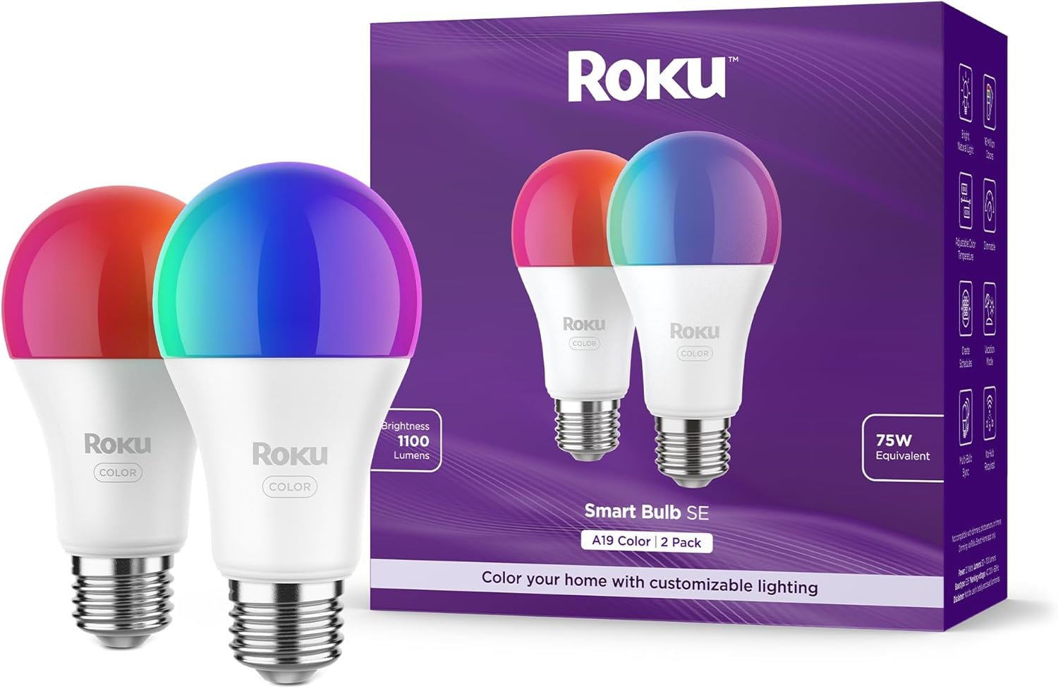 Roku Smart Light Bulbs (Color, 2-Pack) – Dimmable A19 Color Lightbulbs with Adjustable Brightness & Temperature – WiFi Smart Bulbs Works with Roku Voice, Alexa & Google Assistant – Smart Home Products