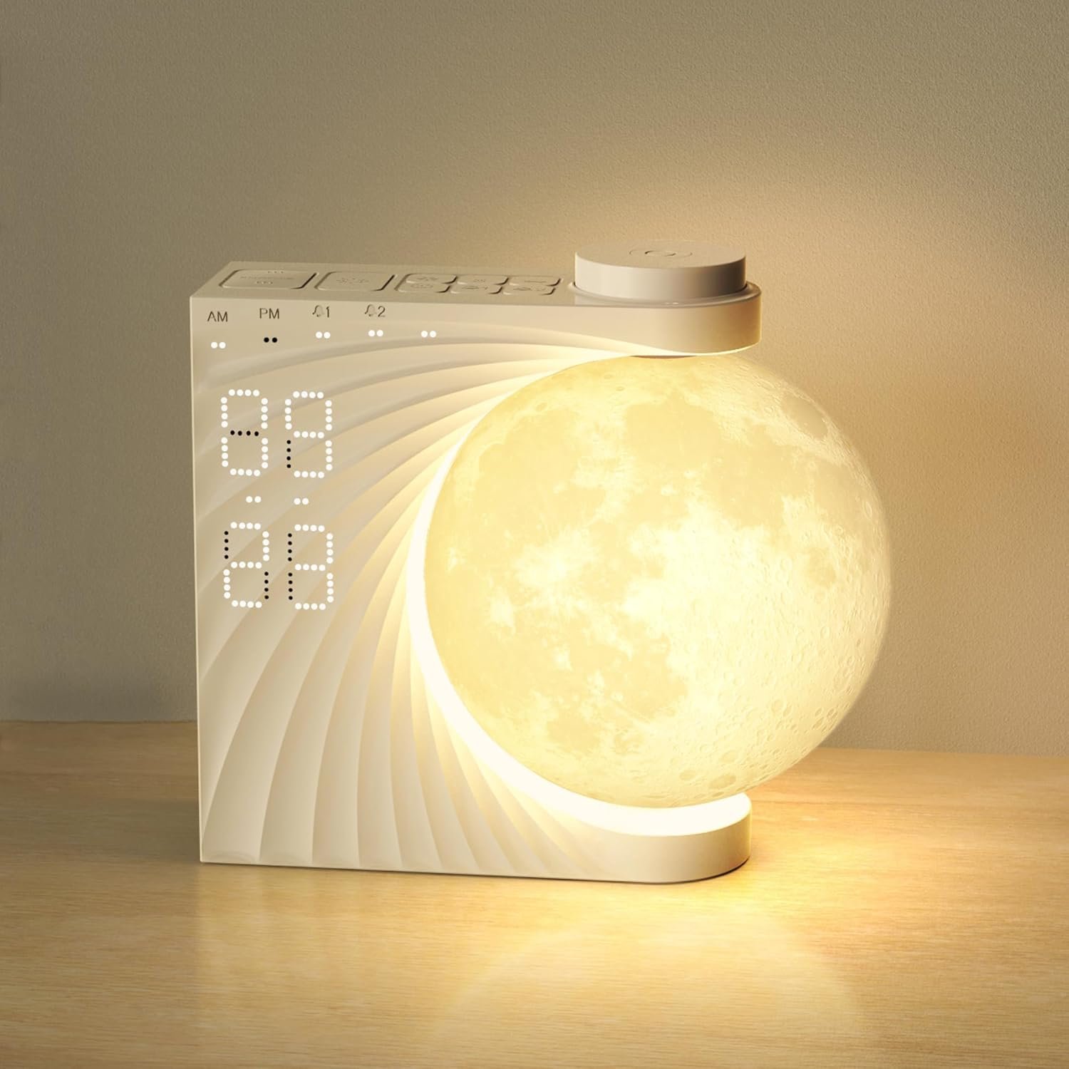Sunrise Alarm Clock for Bedrooms, Moon Lamp Wake-Up Light with Night Lamp & Colourful Light Mode – 10 Sleep Nature Sounds & Dual Alarms for Heavy Sleepers, 30/60/90 Timer with Snooze Function