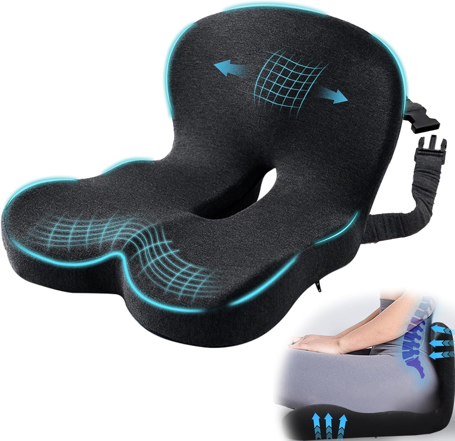Ergonomic Seat Cushion with Adjustable Strap, Memory Foam Office Chair Seat Cushion with L-Shaped Design, Car Seat Cushion Fits for Truck Driver Semi Truck, Gaming Chair, Desk, Dark Gray
