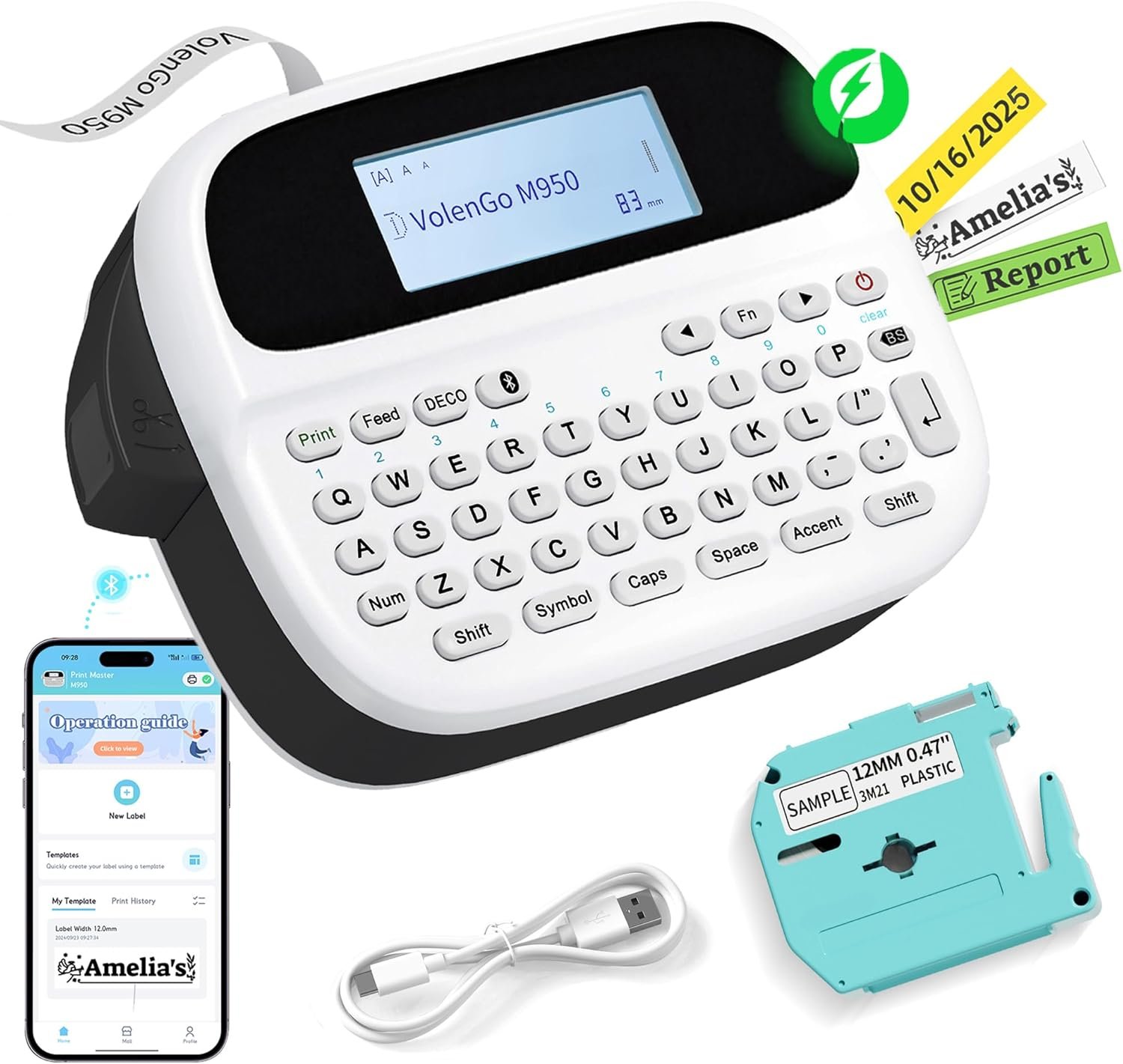 Label Maker Machine with-Tape, Rechargeable Label Maker Waterproof-Labels, Backlit Bluetooth Labeler, M950 12mm Portable Labeling Maker for Home Organization Office School Teacher Supplies