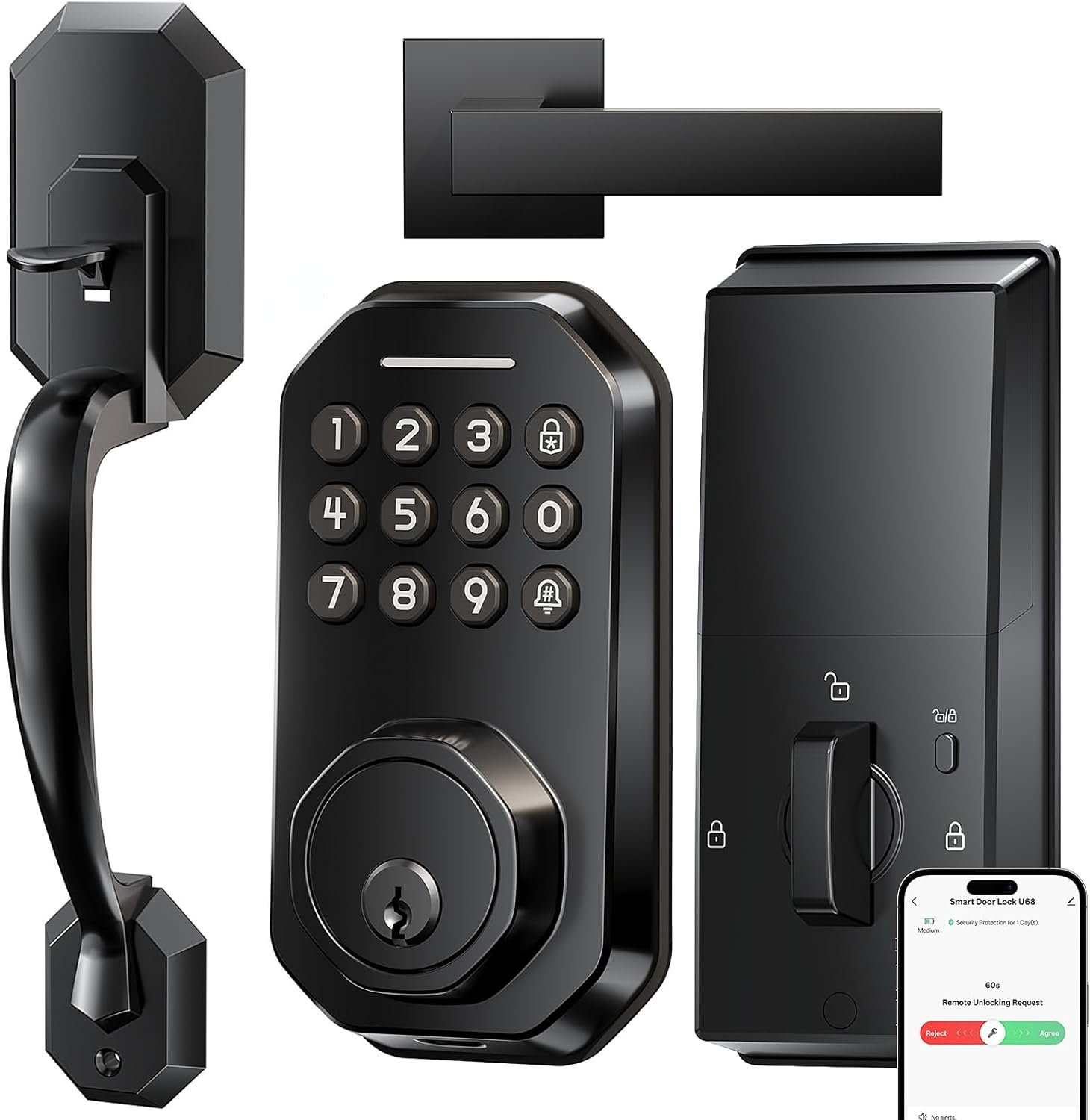 WiFi Smart Door Lock for Front Door, App Control, Keyless Entry Door Lock with Handle Set, Auto Lock, One-time Codes, Easy Install, Matte Black.