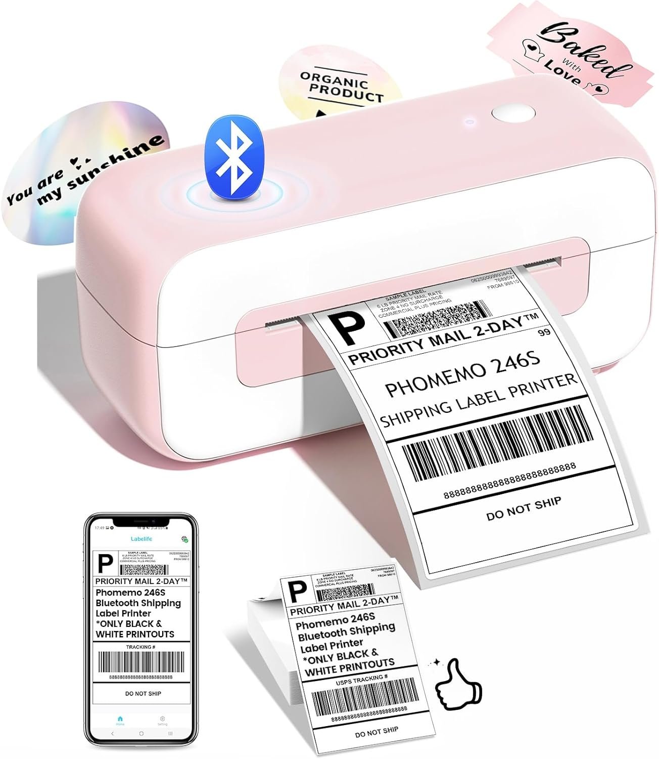 Phomemo Shipping Label Printer- Bluetooth Thermal Label Printer 4×6 for Small Business, Compatible with iPhone Android Windows Mac, Fast Inkless Printing for Amazon Shopify USPS FedEx – Pink
