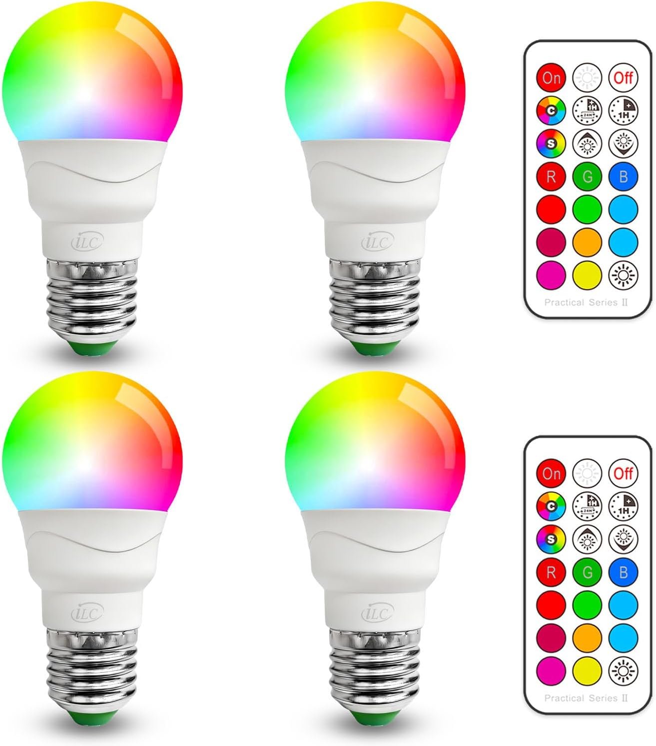 ILC RGB LED Light Bulb, Color Changing 40W Equivalent, 5700K Daylight White, 450LM 5W E26 Screw Base RGBW, Mood Light Bulb – 12 Color Choices – Timing Infrared Remote Control Included (4 Pack)