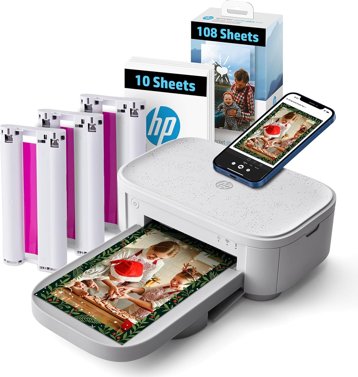 HP Sprocket Studio Plus 4×6 Wireless Instant Photo Printer, 118 Sheets + 3 Cartridges, Wi-Fi, Premium Dye Sublimation, Compact Home Use, Prints Vibrant Color Pictures, Editing App for Fun Photos