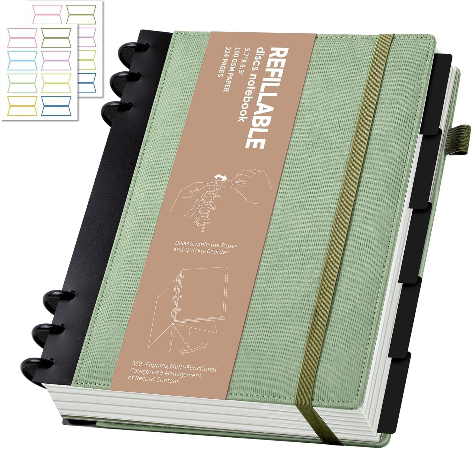 Yoment Leather Journal Notebooks for Work Refillable 224 Page 100 GSM Thick 5 Subject Notebook with Removable Dividers Tabs Hardcover Notebook for School Note Taking Teachers Women Men 6.1 x 8.3,Green