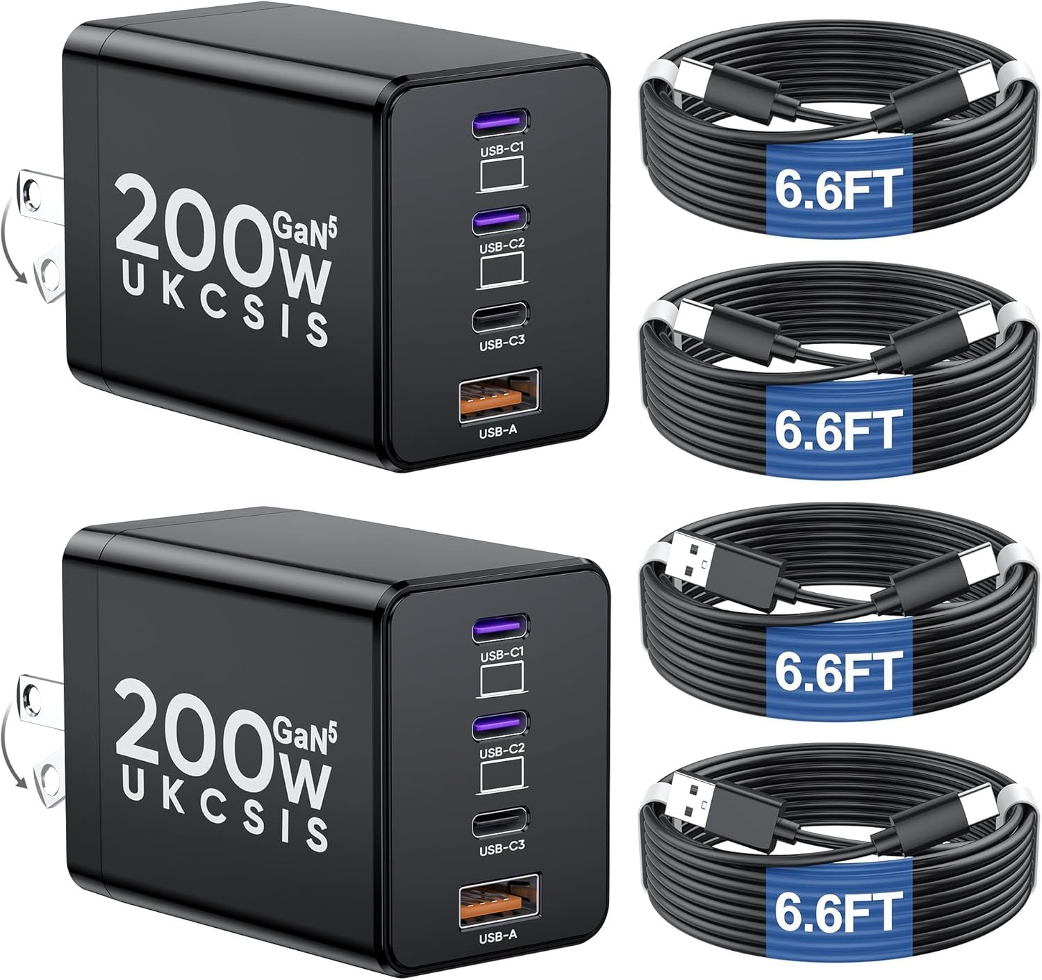 2 Pack 200W USB C Charger Block, Foldable 4-Port GaN5 Super Fast Charger USB C, Dual 65W Type C Charging Block, Laptop Fast Charging Adapter for MacBook Pro/Air, iPad, iPhone, Samsung Galaxy Black