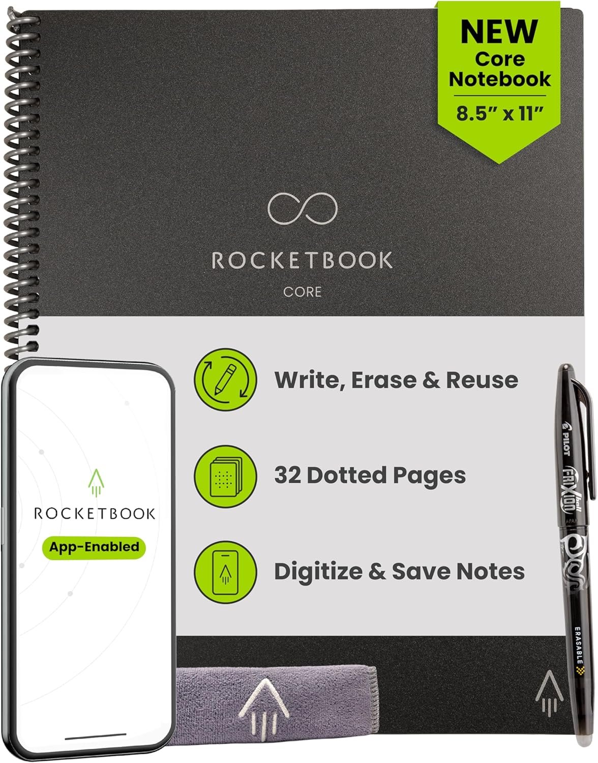 Rocketbook Core Reusable Smart Notebook, Dot Grid Pages For School, Work and Creative Projects, Letter Size 8.5×11, Black – Premium