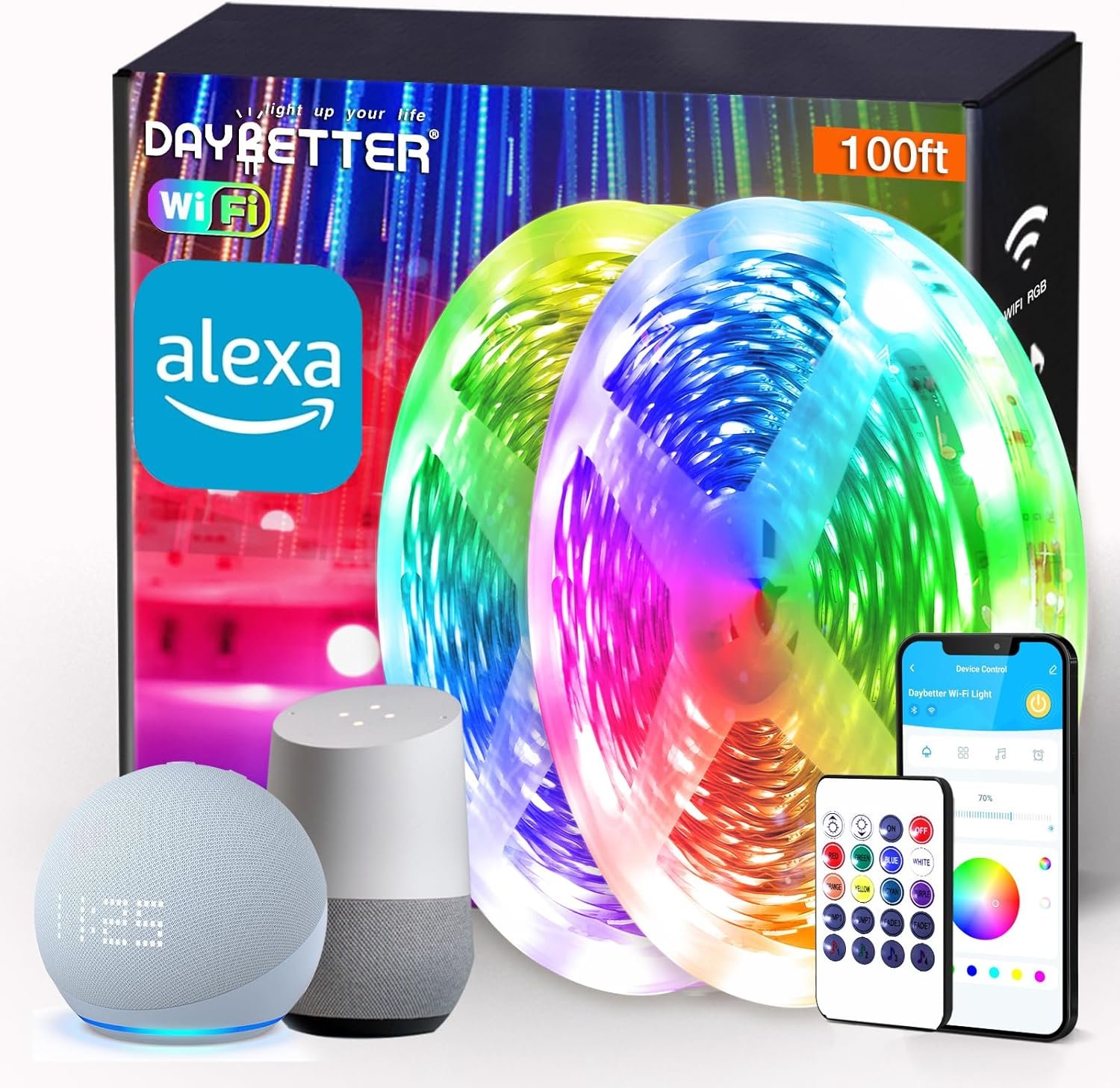 DAYBETTER Smart WiFi Led Lights 100ft – Led Strip Lights Work with Alexa and Google Assistant RGB Strip Lighting Music Sync Color Changing with App Voice Remote Control for Room Bedroom Decor 50ft*2