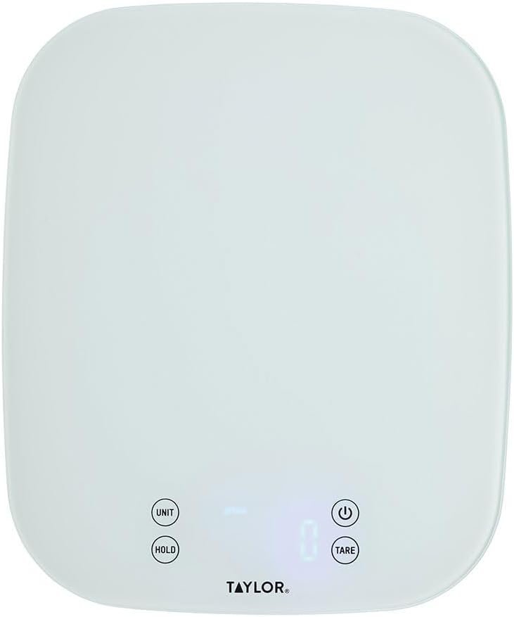 Taylor Pro Digital Kitchen Food Scales, Compact Professional Standard with Precision Accuracy and Waterproof Design with Tare Feature, White Glass, Weighs 14 kg/14 L Capacity