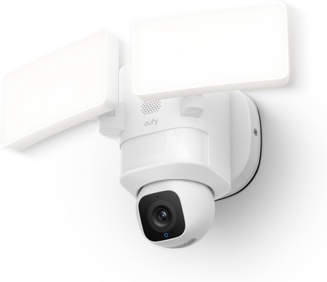 eufy Security Floodlight Camera E30, Security Camera Outdoor, 360° Pan and Tilt, AI Detection and Tracking, 2K Video, 2.4GHz Wi-Fi, 2,000 Lumens, Built-in Siren, 24/7 Recording，No Monthly Fee