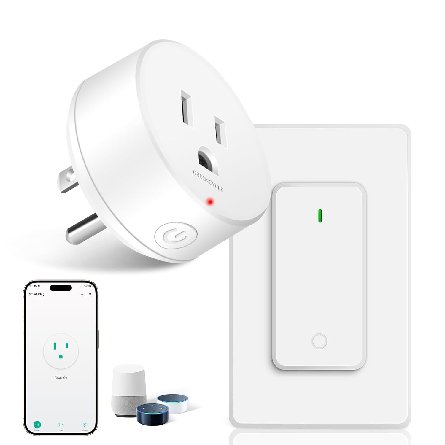 WiFi Smart Outlet Plug with Remote,GreenCycle Electric Smart Plug with Wall Switch,Compatible with Alexa and Google Home via Tuya,15A/1500W,Remote Control from Anywhere,TUV FCC List(2.4G)