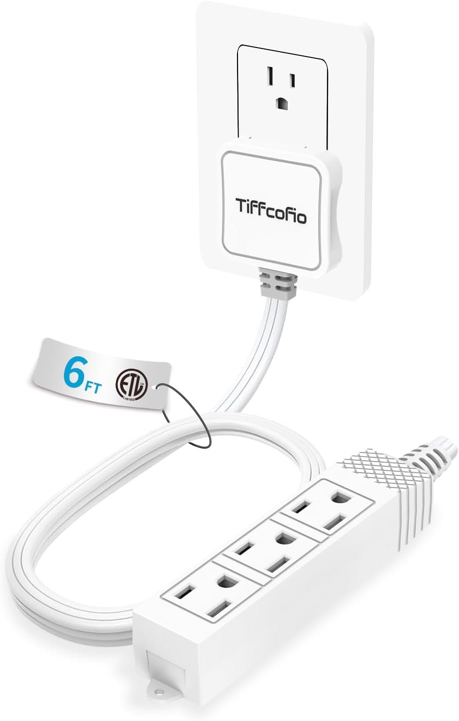 TiFFCOFiO Flat Plug Extension Cord, 6 FT 3 Prong Outlet Strip, 3 Grounded Outlets for Home Office and Travel, 13A/1625W, ETL Listed