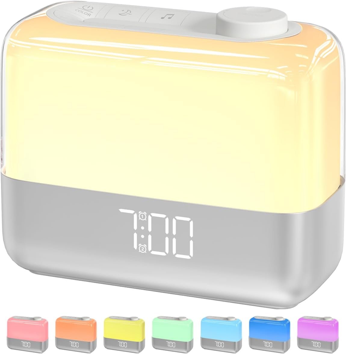 Sunrise Digital Alarm Clock for Bedroom: Wake-up Light, RGB Ambient Night Light, 9-Mins Snooze, 6 Natural Sounds, 7 Volume, Rechargeable Battery, Dual Loud Alarms for Heavy Sleepers (Silver)