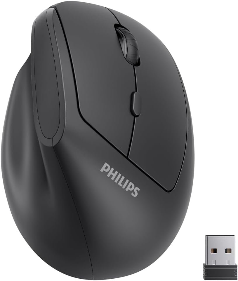 PHILIPS SPK7628 Ergonomic Mouse – Vertical Mouse with 800/1200/1600 Adjustable DPI, 6 Silent Buttons Design for S/M Hands, Auto Power Saving, Light Weight, 2.4GHz Wireless Mouse for Laptop, Desktop,PC