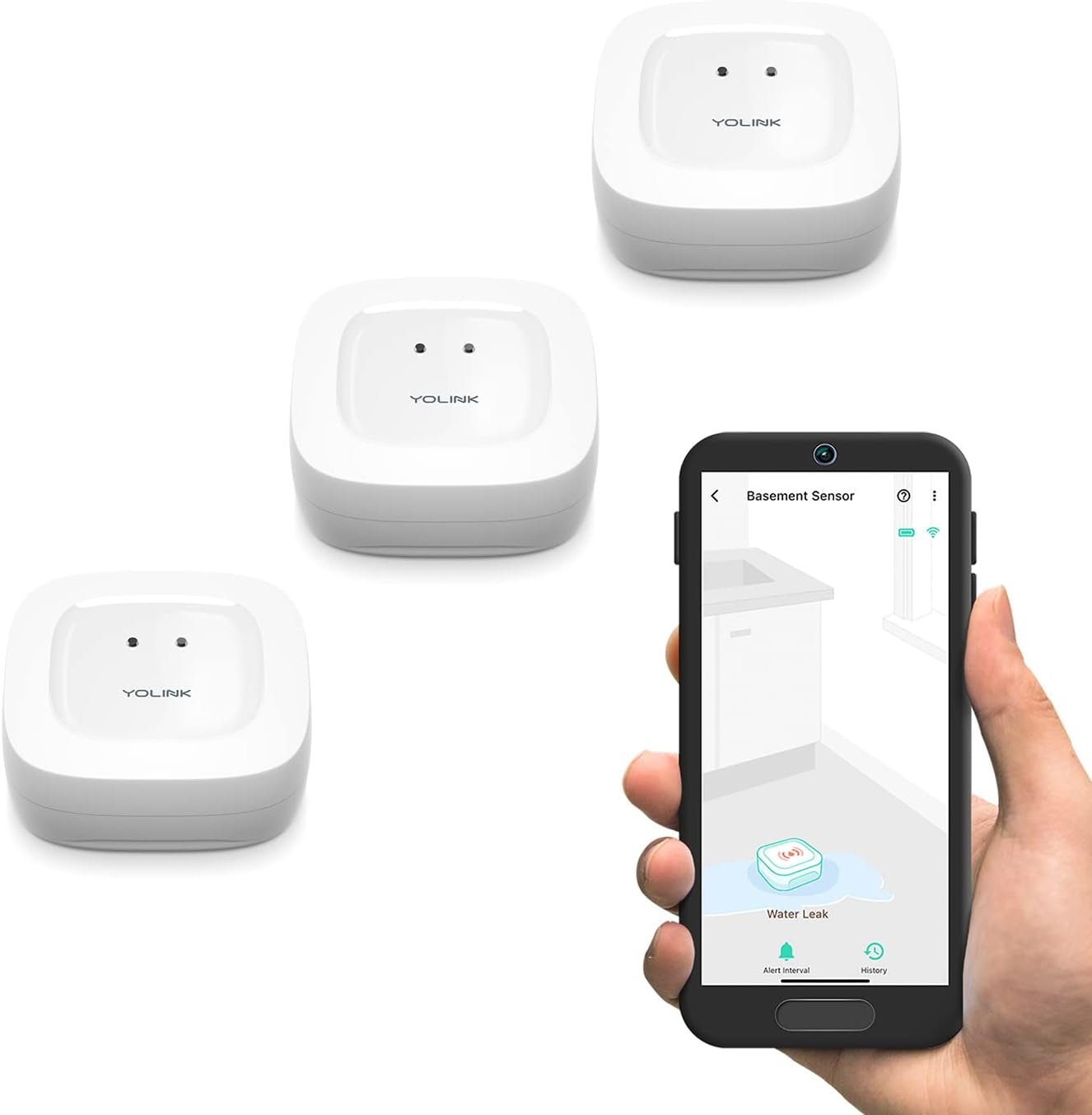 YoLink Water Leak Sensor 3-Pack, LoRa Up to 1/4 Mile Open-Air Range Smart Water Leak & Flood Detector, SMS/Text, Email & Push Notifications, w/Alexa, IFTTT, Home Assistant – YoLink Hub Required
