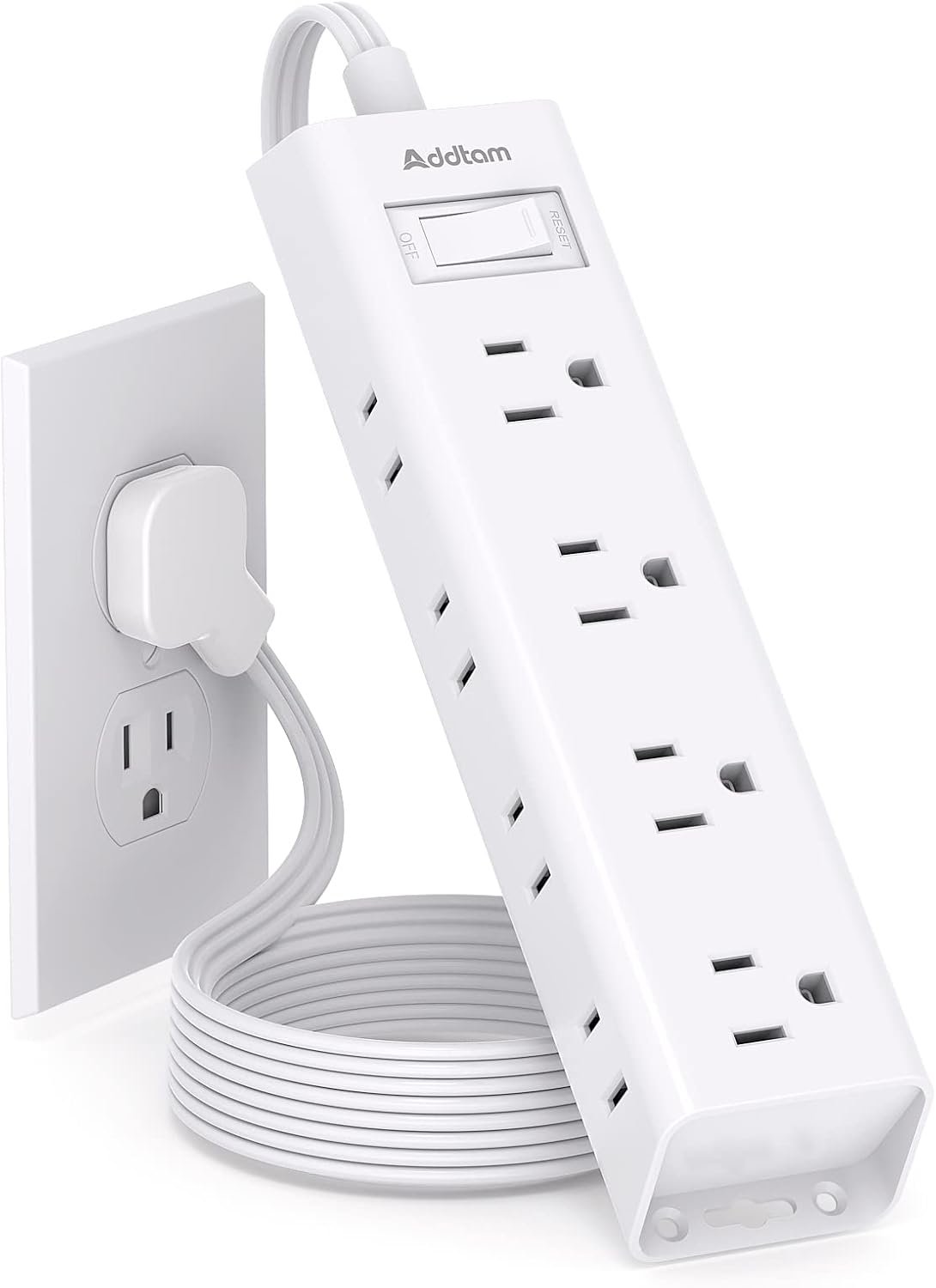 Flat Plug Power Strip, Ultra Thin Flat Extension Cord – Addtam 12 Outlet 3 Sides Multiple Outlets, 5Ft, 1050J Surge Protector, Wall Mount, Desk Charging Station for Home Office Dorm Room Essentials