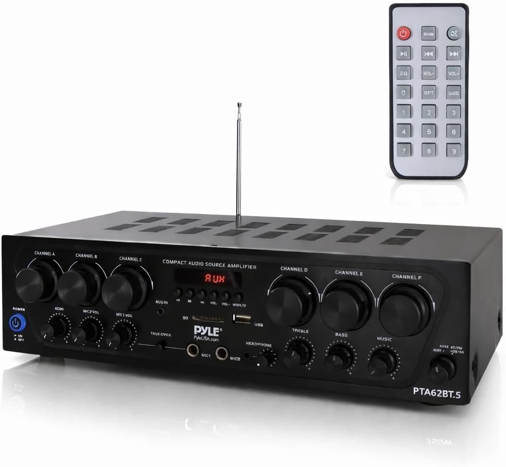Pyle Bluetooth Wireless Home Amplifier System – Upgraded 6 Channel Audio, 750 Watt Power, Easy Karaoke, Stereo Receiver w USB-A, Micro SD, Headphone, 2 Microphone Input w/Echo, Talkover for PA