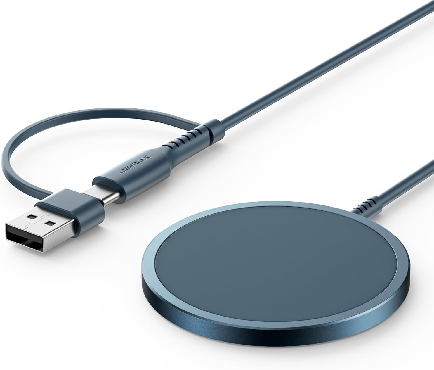 JSAUX Charger for iPhone 17 Magsafe Wireless Charging, Compatible with iPhone 17 Air Pro Max/16/15/14/13/12 Series, Magnetic Mag Safe Charging Pad, Aluminum Alloy, USB & USB C Dual Ports – Blue
