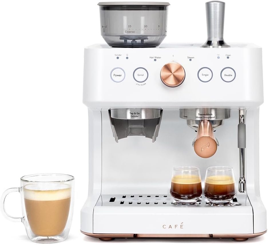 Café Bellissimo Semi Automatic Espresso Machine with Grinder & Milk Frother | Copper Accents | WiFi App Control | Large 95oz Tank | Matte White
