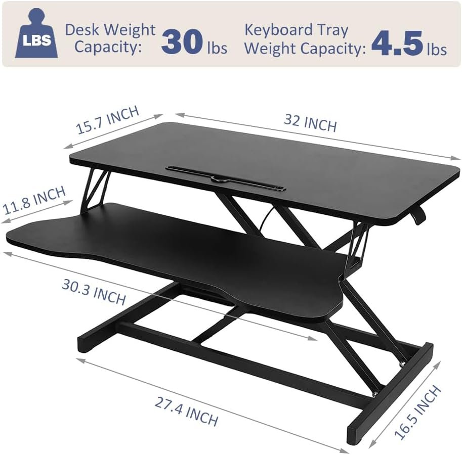 32 Inch Adjustable Standing Desk, Dual Monitor Sit Stand Desk with Wide Keyboard Tray for Table Home Office (Black)