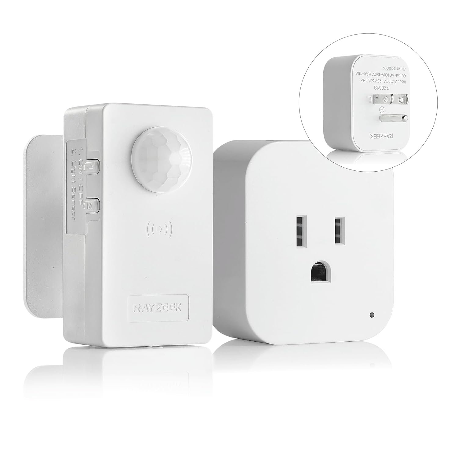 RAYZEEK Wireless Motion Sensor Plug Kits,No-Wire Mini PIR Sensor Switch Control Plug to Auto Turn On/Off Electrical Devices,10A/1100W for Christmas Lights,Fans,Household Appliances