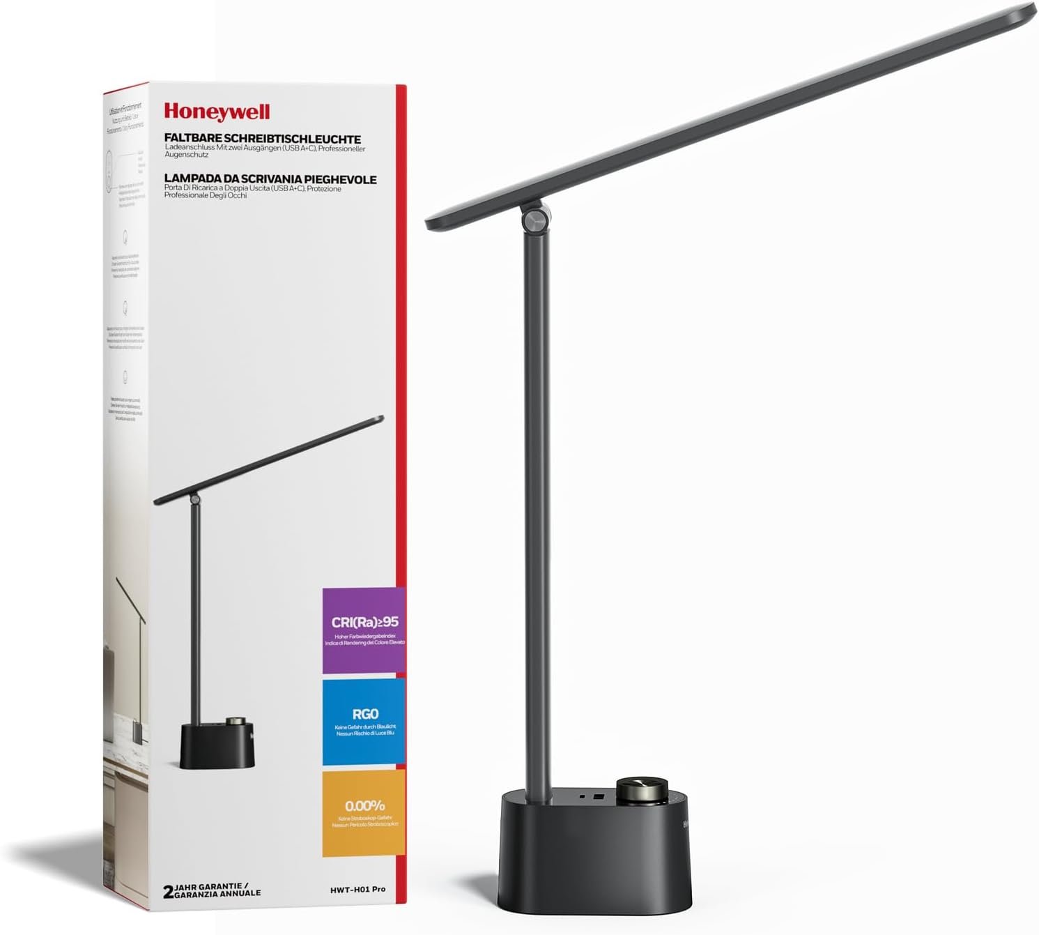 Honeywell Upgraded LED Desk Lamp – H01 Pro Sunturalux™ Foldable Desk Light with USB A+C Charging Ports, 3 Color Modes Dimmable Table Lamp for Home Office Reading(Black)