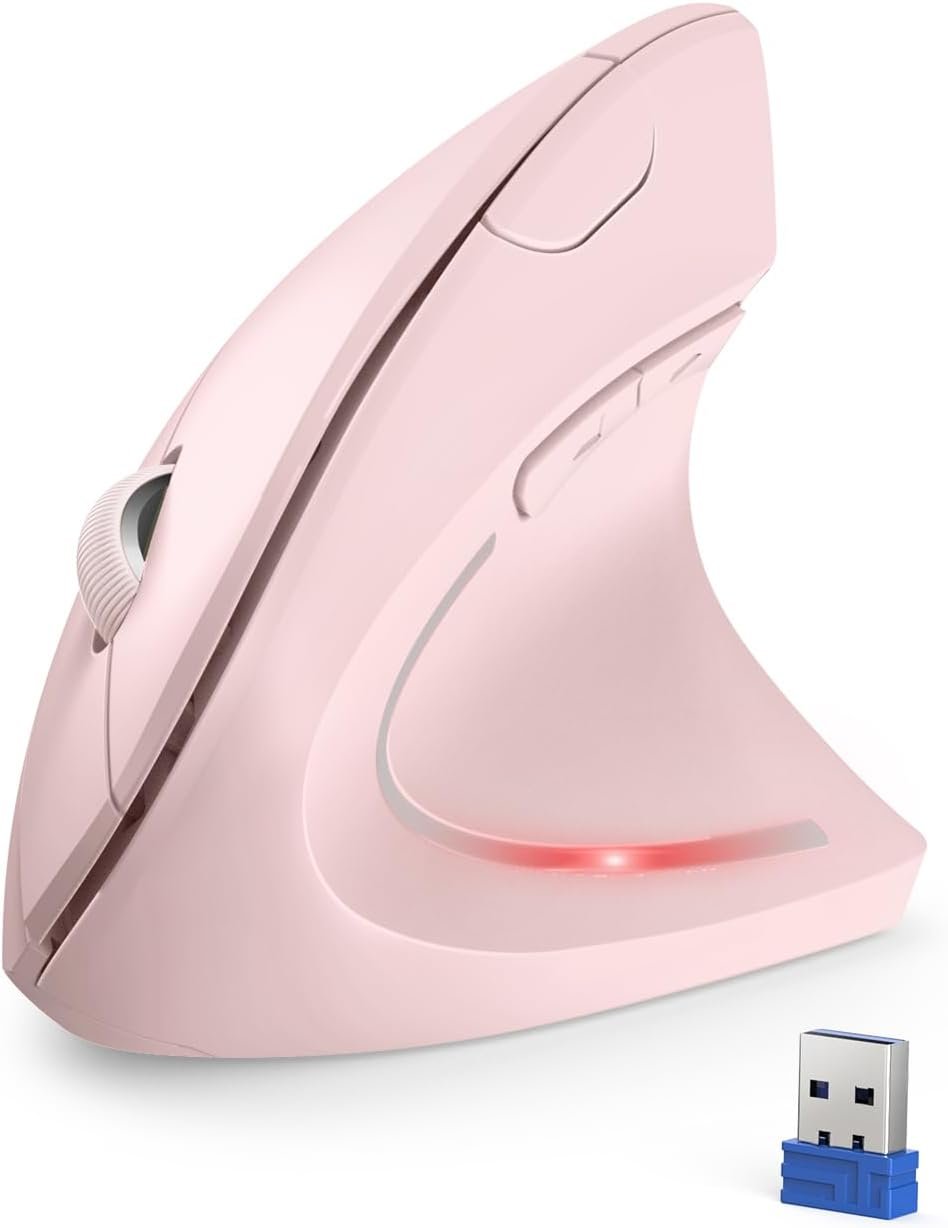 TECKNET 2.4G Ergonomic Mouse Vertical Wireless – 4800 DPI Optical Carpal Tunnel Mice Right Hand, 4800 DPI Adjustable, Quiet Clicks, 6 Buttons for Laptop, Desktop, PC, Computer – Pink