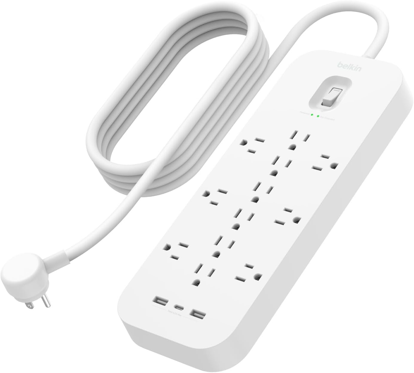 Belkin 12-Outlet Surge Protector Power Strip w/ 12 AC Outlets, 2 USB-A Ports and 1 USB-C Port, 6ft Cable, UL-listed w/ Overload & Overvoltage Protection + On/Off Switch – 3,480 Joules of Protection